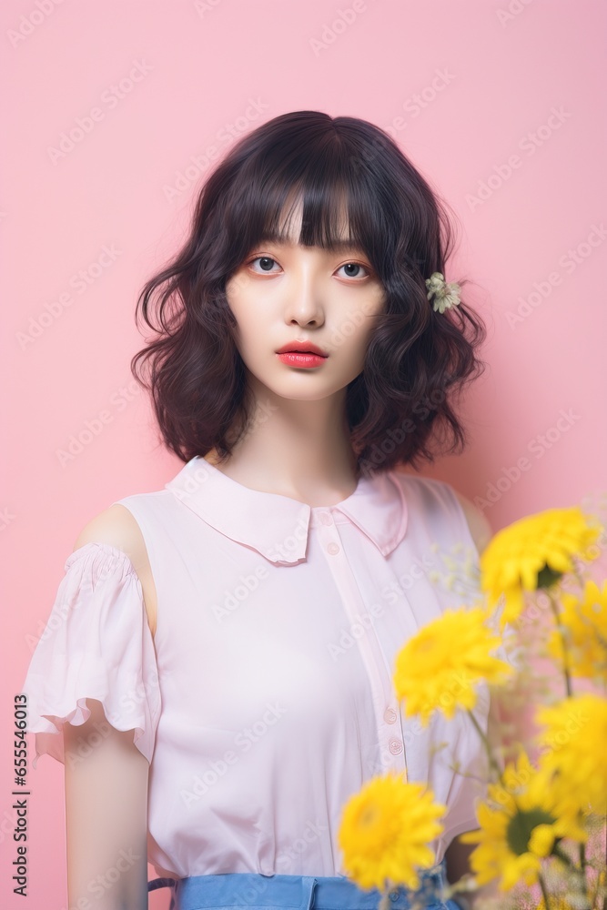 Fototapeta premium Pastel-colored portrait of a young and attractive Asian girl with flowers.