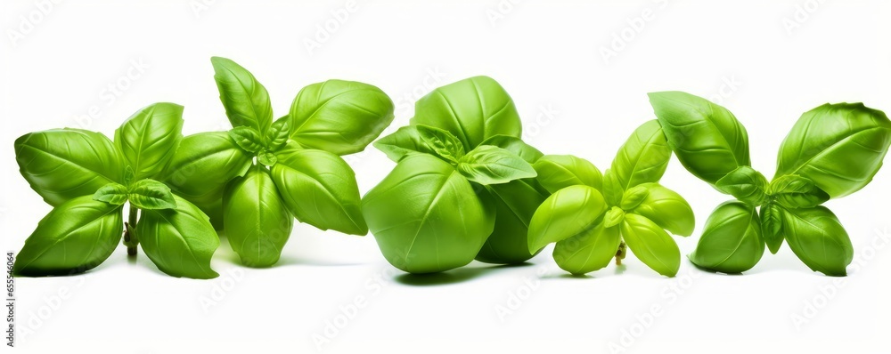 Fresh green basil leaves grown in a herb garden isolated against a white background, Generative AI Fresh green basil leaves grown in a herb garden isolated against a white background, Generative AI