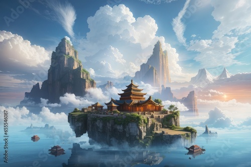 Chinese temple in the morning in floated islands with beautiful clouds