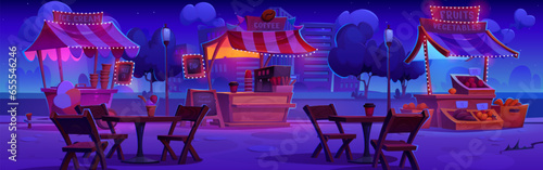 Street food festival or city park with stalls at night. Cartoon landscape of funfair with stands with garlands selling ice cream, coffee, and fresh farm vegetables and fruits, and tables for eating.