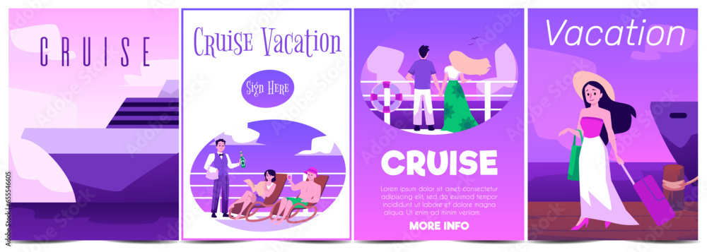 Vector set posters with Cruise vacation concept, people enjoy summer seaside landscape, resting on the deck of luxury cruise liner, yacht - obrazy, fototapety, plakaty 