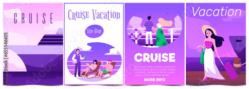 Vector set posters with Cruise vacation concept, people enjoy summer seaside landscape, resting on the deck of luxury cruise liner, yacht