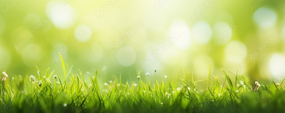 Obraz premium A fresh spring sunny garden background of green grass and blurred foliage bokeh, Generative AI