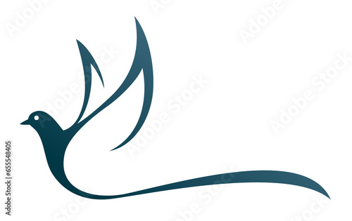 The symbol of a stylized flying blue pigeon.