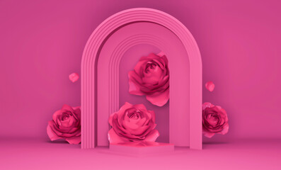 Foto auf Acrylglas Pantone 2023 Viva Magenta 3D display podium pink flower, viva magenta background. Peony and rose blossom falling down. Nature minimal pedestal for beauty, cosmetic product presentation. Valentine, feminine copy space template  © Hihiland