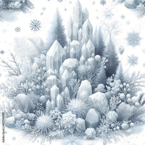 Crystal Snowflake Seamless Pattern on White Background © MdAbadur