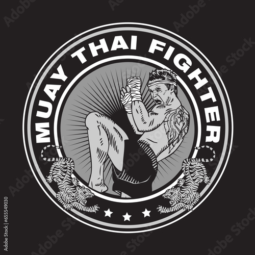 Muay Thai Fighter Vector Illustration in Badge Style Design