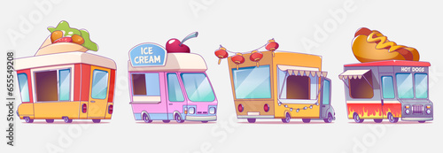 Food trucks for street market or amusement park concept. Cartoon vector illustration set of van cars selling taco, ice cream, hot dogs and chinese kitchen meals. Cafe on wheels for funfair or festival