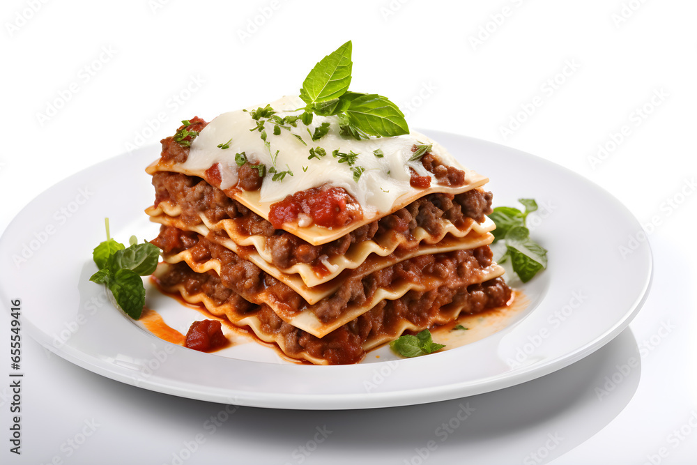 delicious plate of beef lasagne with tomato sauce isolated on white background
