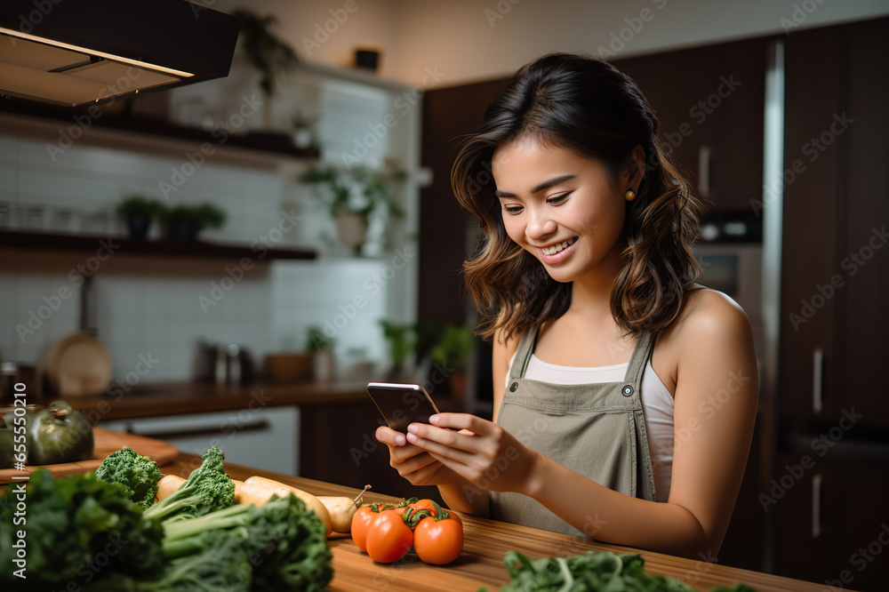 Culinary Exploration Young Girl in the Kitchen Engrossed in Recipe Research on Her Phone. created with Generative AI Culinary Exploration Young Girl in the Kitchen Engrossed in Recipe Research on Her Phone. created with Generative AI