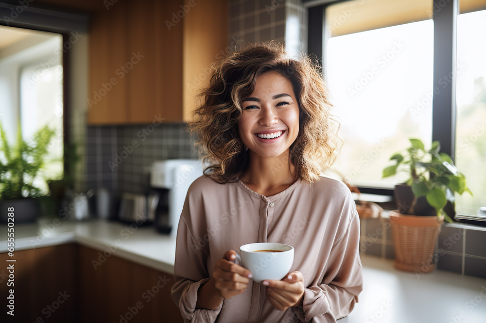 Morning Bliss Radiant Woman Enjoying a Cup of Coffee in the Comfort of Her Home Kitchen. created with Generative AI Morning Bliss Radiant Woman Enjoying a Cup of Coffee in the Comfort of Her Home Kitchen. created with Generative AI