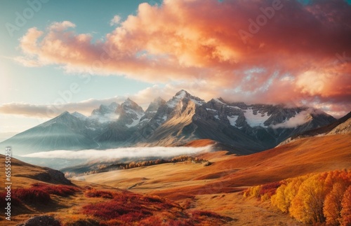 Colorful autumn landscape in the mountains. Beautiful view of the mountain valley.