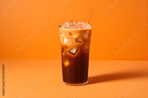 delicious iced cold brew coffee with pumpkin spice isolated on orange background photo