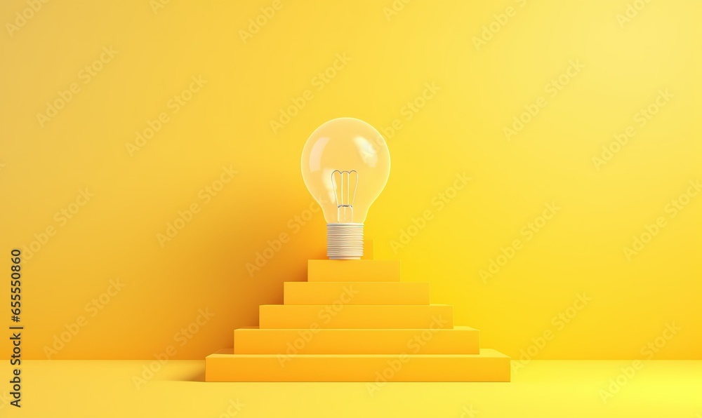 golden light bulb, light bulb on top of ladder on yellow background golden light bulb, light bulb on top of ladder on yellow background