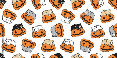 bear polar seamless pattern Halloween pumpkin sleeping vector pet doodle cartoon character tile background gift wrapping paper repeat wallpaper scarf isolated