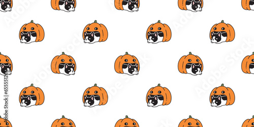 dog seamless pattern french bulldog Halloween pumpkin puppy vector doodle pet cartoon character tile background gift wrapping paper repeat wallpaper scarf isolated