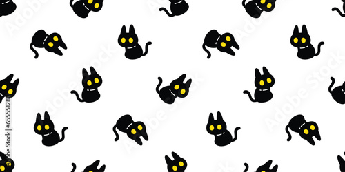 cat seamless pattern Halloween black kitten calico sitting vector doodle cartoon character gift wrapping paper tile background repeat wallpaper scarf isolated