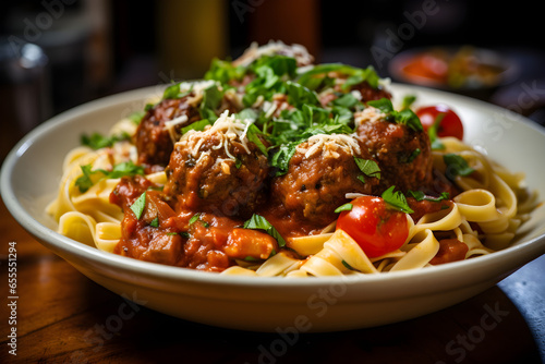 delicious bowl of meatball pasta, close up studio shot