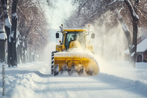 a yellow plow is clearing a snowy on street