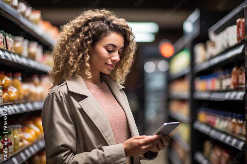 Smart Shopping Woman Scours Supermarket for Discounts Through Mobile App. created with Generative AI