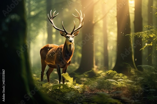 Deer in the forest at sunrise. Wildlife animal landscape background © Fiva