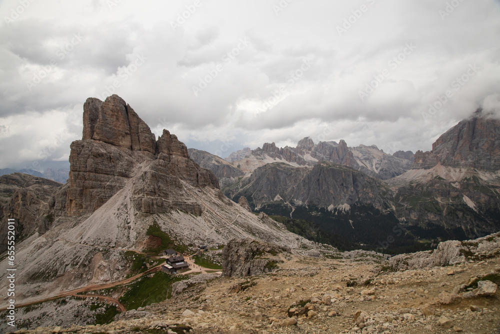 View from the ascent of Nuvolau on the Forcella Nuvolau and the Mt. Averau, Nuvolau Mountain Group