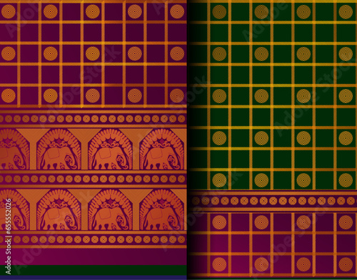 Indian Pattu Sari Vector pattern. Traditional handmade Indian silk sari /saree with golden details, women wear during festivals, ceremonies, and weddings.