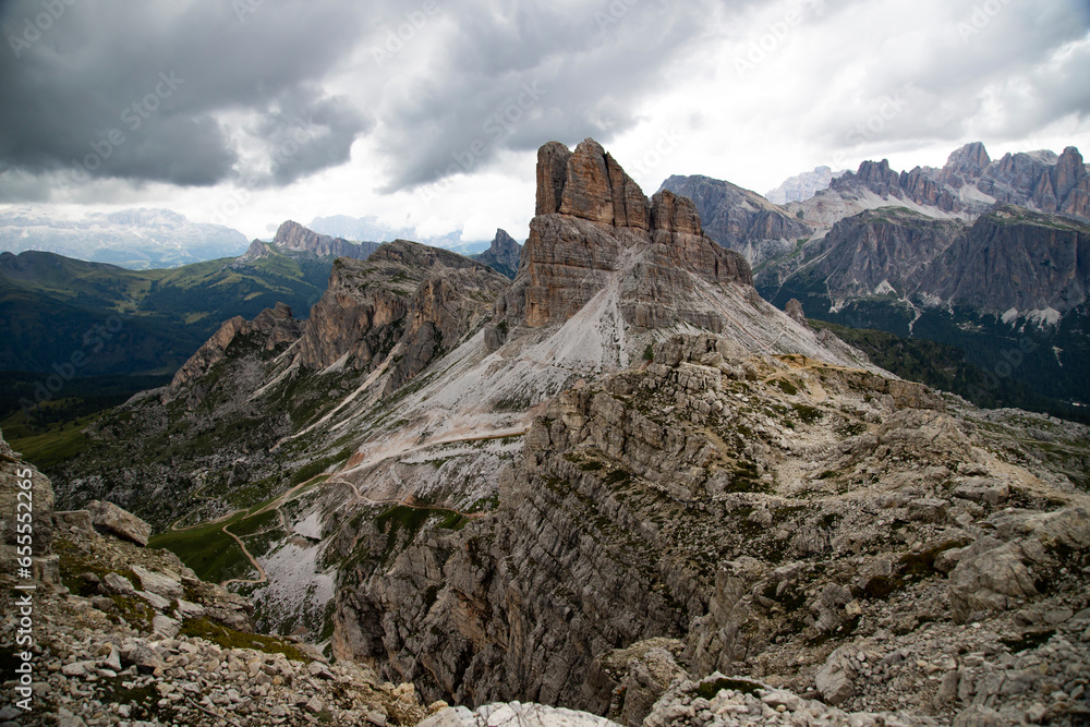 View from the ascent of Nuvolau on the Forcella Nuvolau and the Mt. Averau, Nuvolau Mountain Group View from the ascent of Nuvolau on the Forcella Nuvolau and the Mt. Averau, Nuvolau Mountain Group
