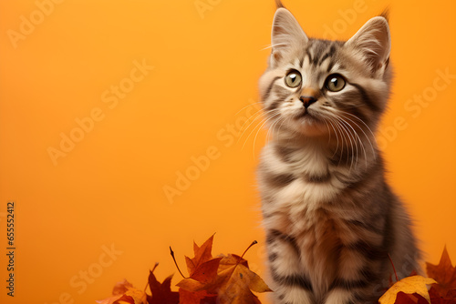 Cute cat on a Fall Autumn orange background