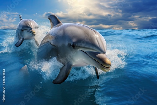 beautiful dolphin leaping jumping from shining sunset sea water surface  © Fiva