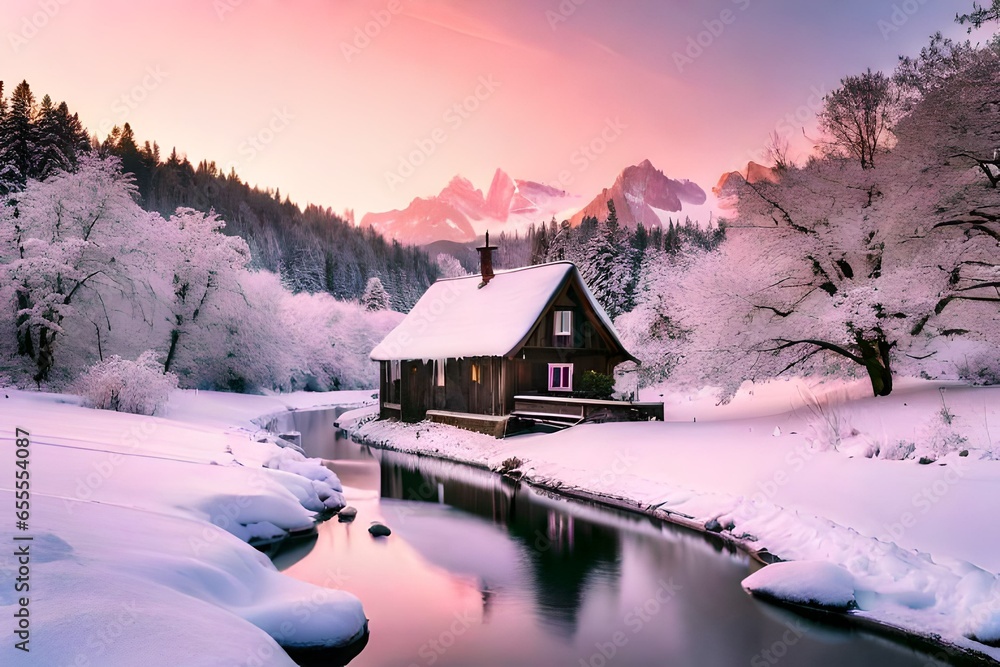 winter landscape of a house covered in snow with baby pink hues. AI-Generated
