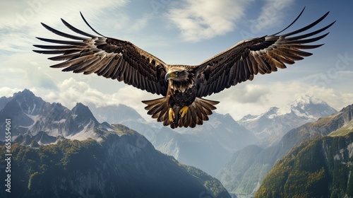 golden eagle in flight over snowy mountains