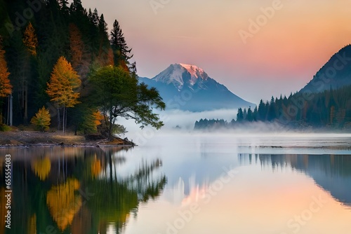 Landscape of a lake with trees with a view of mountains. AI-Generated