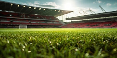 Lawn in the soccer stadium. Football stadium with lights. Grass close up in sports arena - background.