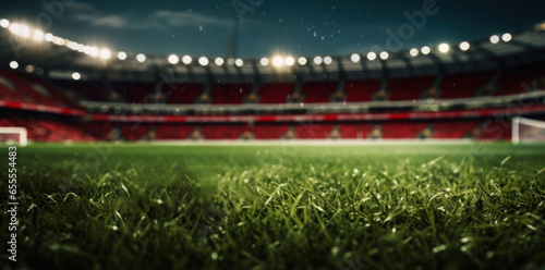 Lawn in the soccer stadium. Football stadium with lights. Grass close up in sports arena - background. © radekcho