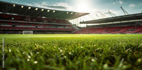 Lawn in the soccer stadium. Football stadium with lights. Grass close up in sports arena - background. © radekcho