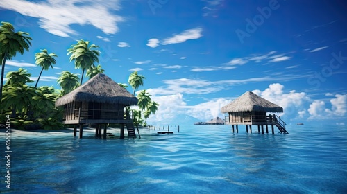 landscape of an island in the sea with trees, thatched roof buildings and resting places. Thatched beach hut