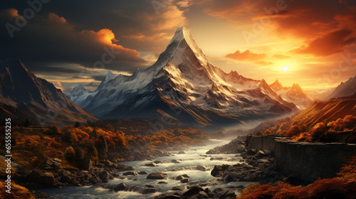 A breathtaking mountain peak bathed in golden sunlight  inspiring awe and a sense of adventure.