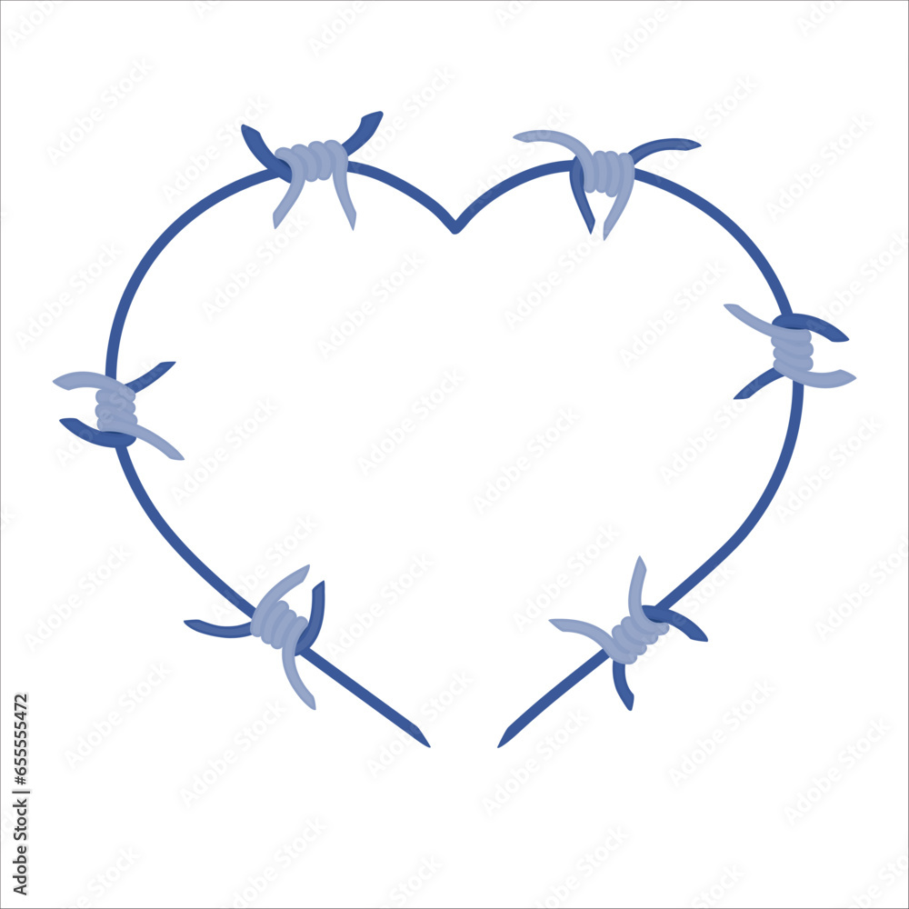 Barbed wire heart frame illustration. Sharp thorns of barbwire barrier zone border fence. Love concept. Vector illustration.