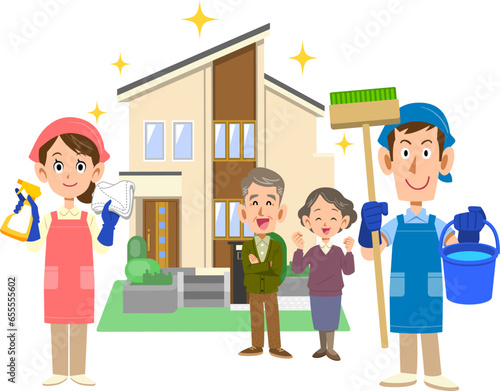 ピカピカの一軒家の前で清掃用具を持つエプロンをつけた男女とシニア夫婦
