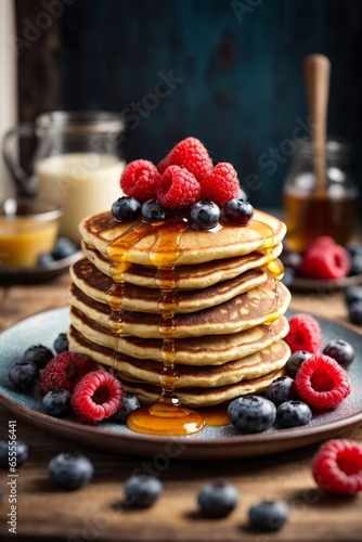 Delicious stack of pancakes topped with fresh berries and drizzled with syrup