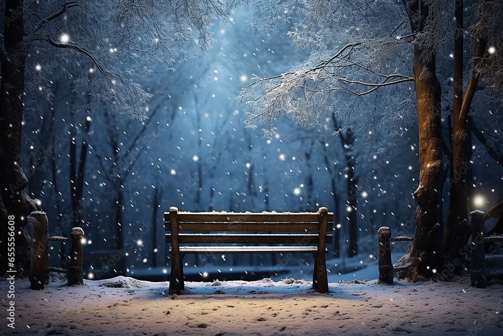 Back View of Wooden Bench in Park During Snowfall at Night AI Generative