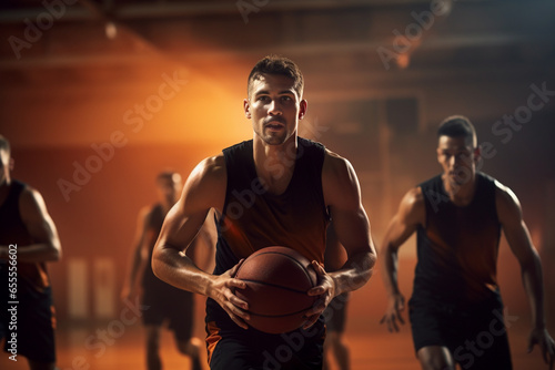 Male basketball player playing basketball in a crowded indoor basketball court © toonsteb