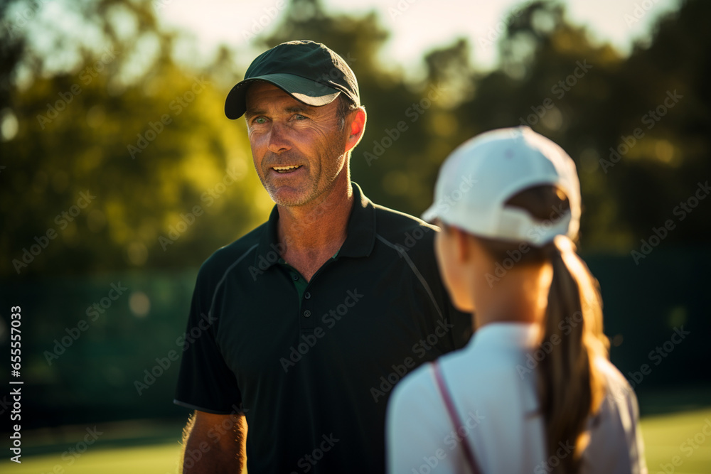 Tennis players standing and talking with their coaches on the tennis court Tennis players standing and talking with their coaches on the tennis court