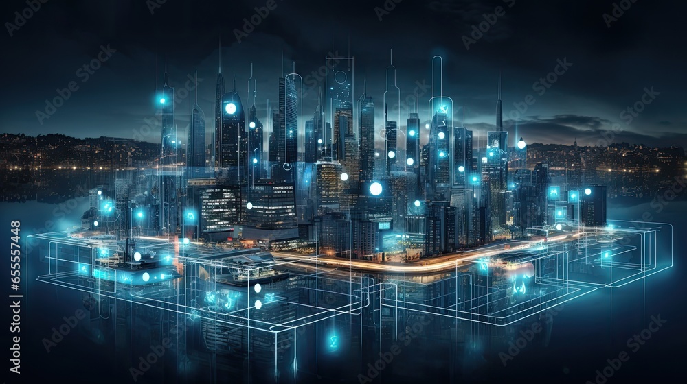 Smart city with particle glowing light connection design, big data connection technology concept. connected city in the cityscape night 