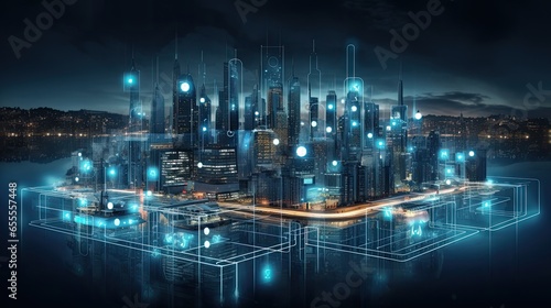 Smart city with particle glowing light connection design, big data connection technology concept. connected city in the cityscape night 
