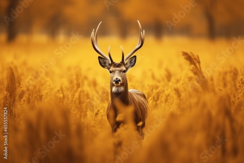 Red deer with big antlers stands in field in autumn time nature. © radekcho
