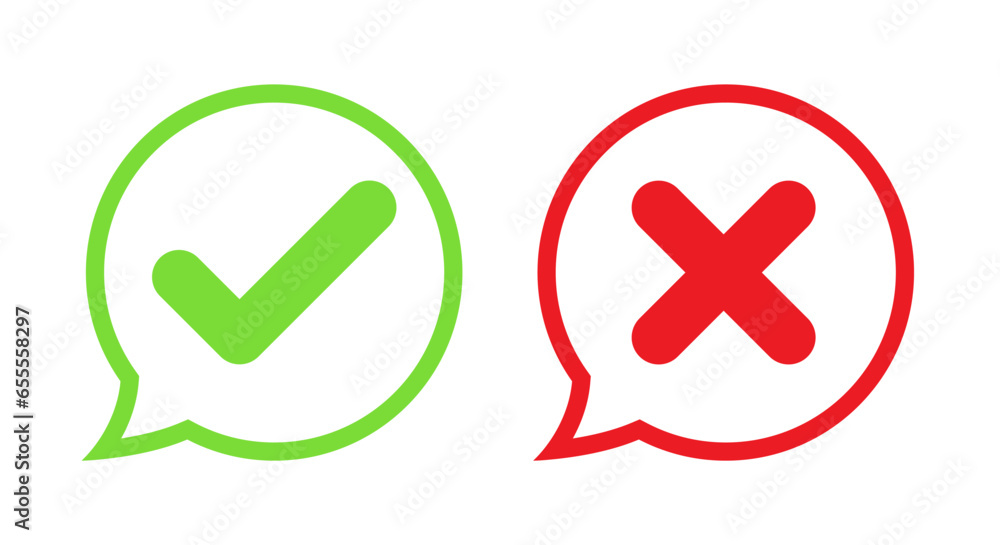 Check and x cross icon vector in speech bubble line. Approve and reject sign symbol - obrazy, fototapety, plakaty 