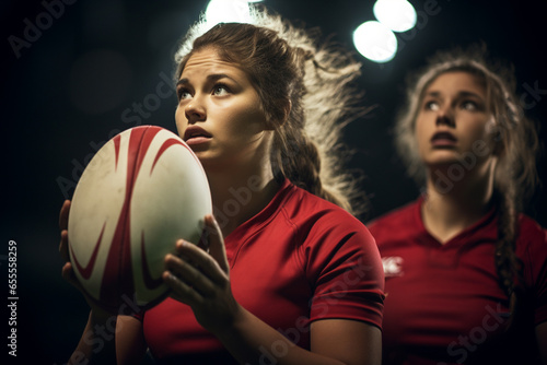 Female rugby players competing on the rugby field