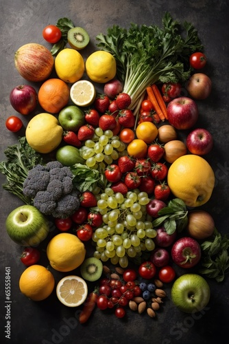 A colorful assortment of fresh fruits and vegetables on a wooden table © Usman